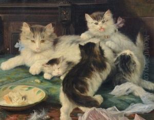 Mother Cat And Kittens At Play by Licinio Barzanti