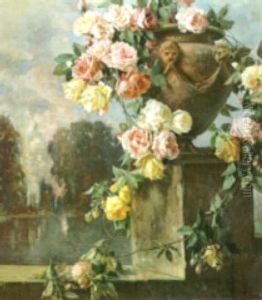 A Still Life With Roses In An Urn Overlooking A Lake by Licinio Barzanti