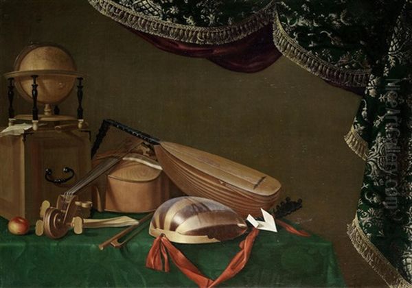 Still Life Of Musical Instruments On A Table-top, With A Globe And An Apple - view 1