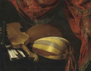 Lutes, A Violin, And Sheet Music On A Table With A Gold-fringed Curtain by Evaristo Baschenis