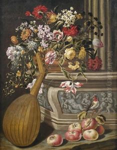 Stilleben Mit Blumen, Apfeln Und Laute An Einem Reliefierten Saulenpostament