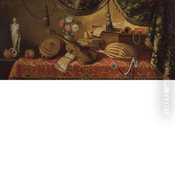 Still Life Of Musical Instruments, Books, And Other Objects On A Table - view 1