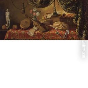 Still Life Of Musical Instruments, Books, And Other Objects On A Table by Evaristo Baschenis