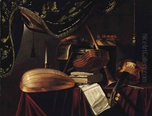A Mandolino, A Lute, A Violin, A Guitar, A Clarinet And Musical Manuscripts On A Draped Table In An Interior by Evaristo Baschenis