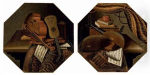 Violons Et Partitions Sur Une Table Recouverte D'un Tapis (+ Violes De Gambe, Livres Et Partitions Sur Une Table Recouverte D'un Tapis; Pair)