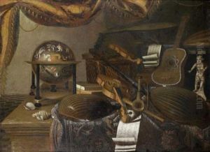 Nature Morte D'instruments De Musique Aux Luths, Violons Et Flutes, Avec Des Coquillages Et Une Mapppemonde Sur Un Entablement Recouvert D'un Tapis