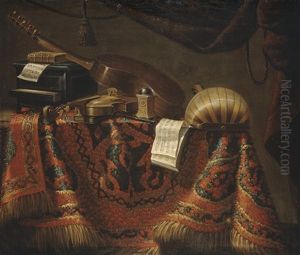 Cassette, Violon, Guitare, Carillon, Mandore Et Partitions De Musique Sur Un Entablement Recouvert D'un Tapis by Evaristo Baschenis