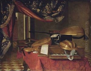 A Spinet, A Mandolino, Lutes, A Theorbo, A Violin, A Guitar, A Harp, An Ebony Casket And Musical Manuscripts On A Draped Table In An Interior by Evaristo Baschenis