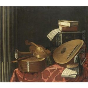 Natura Morta Con Strumenti Musicali, Libri, Spartiti E Una Scatola Intarsiata Su Un Tavolo Natura Morta Con Strumenti Musicali, Libri, Spartiti E Una Scatola Intarsiata Su Un Tavolo
