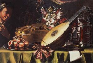 A Lute, A Violin And A Guitar With Flowers, Peaches On A Pewter Dish, A Tortoise-shell Case And Music Sheets On A Table, A Musician Nearby by Evaristo Baschenis