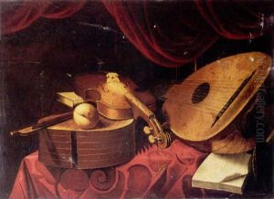 Still Life Of A Lute, A Viola Da Gamba, An Open Music Score And A Peach Upon A Table Draped With A Red Cloth by Evaristo Baschenis
