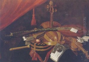 Still Life Of Lutes, A Violin, Cello, Recorder, Books And Sheet Music On A Table Top by Evaristo Baschenis