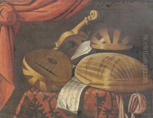 Still Life Of Musical Instruments On A Table Draped With A Carpet, A Drawn Curtain Above by Evaristo Baschenis