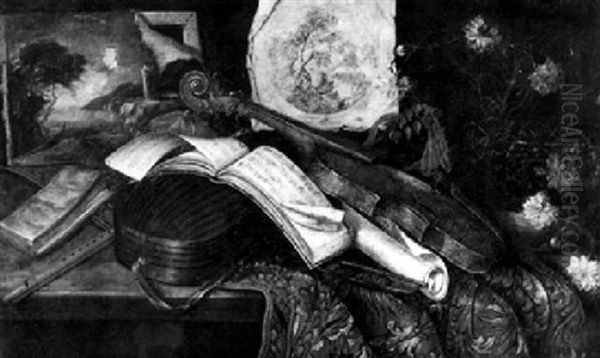 Still Life With Musical Instruments, A Painting, A Print, Sheets Of Music And Flowers, All On A Table With A Rug - view 1