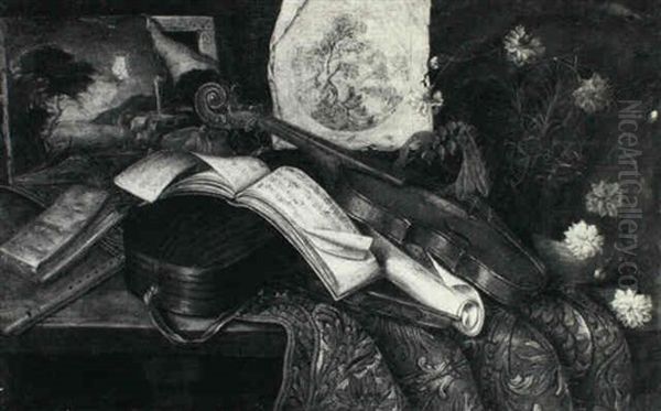 Still Life With Musical Instruments, A Painting, A Print, Sheets Of Music And Flowers, All On A Table... - view 1