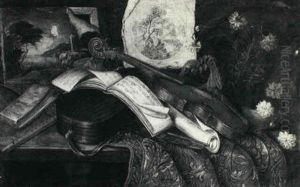 Still Life With Musical Instruments, A Painting, A Print,   Sheets Of Music And Flowers, All On A Table... by Evaristo Baschenis