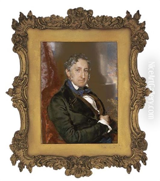 Charles Hanbury, 1st Baron Sudeley, Seated In Red Upholstered Chair, In Black Coat, Brown Waistcoat And Knotted Blue Cravat; Red Curtain, Foliage, Pillar And Sky Background - view 1