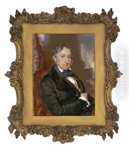 Charles Hanbury, 1st Baron Sudeley, Seated In Red Upholstered Chair, In Black Coat, Brown Waistcoat And Knotted Blue Cravat; Red Curtain, Foliage, Pillar And Sky Background by Charles J. Basebe