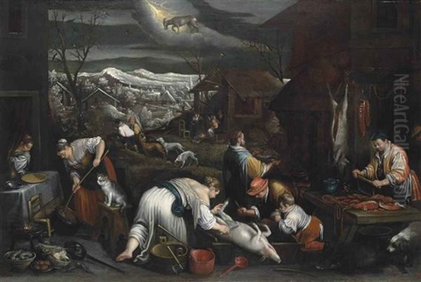 December: A Village In Winter With Figures Slaughtering A Pig, Other Figures By Cottages Gathering Faggots, Snow-covered Mountains In The Distance by Francesco Bassano the Younger