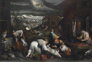 December: A Village In Winter With Figures Slaughtering A Pig, Other Figures By Cottages Gathering Faggots, Snow-covered Mountains In The Distance by Francesco Bassano the Younger