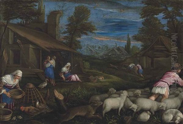 A Shepherd With His Flock And A Woman Feeding Poultry In A Village, With Other Figures Resting By A Cottage - view 1