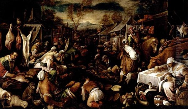 A Busy Market Scene With Meat And Vegetable Sellers, And A Beggar In The Foreground - view 1