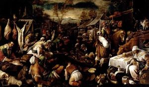 A Busy Market Scene With Meat And Vegetable Sellers, And A Beggar In The Foreground by Francesco Bassano the Younger