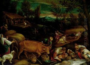 Summer: A Wooded Landscape With Peasants Harvesting, A Meal Being Laid Out In The Foreground by Francesco Bassano the Younger