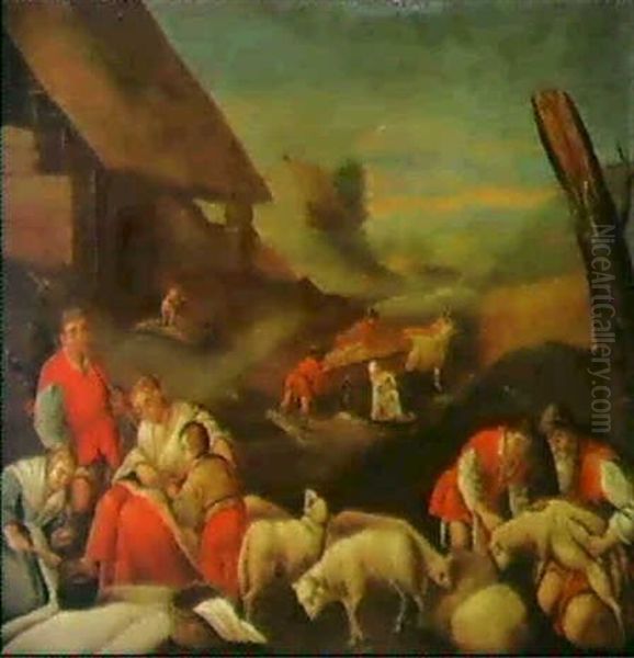 Hirten Bei Der Schafschur Und Frauen                        Mit Suppenkesseln Vorn - view 1