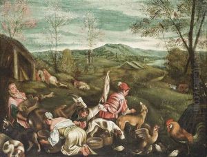 A Shepherdess And Her Flock, With Hounds And Poultry, A Carriage In A Landscape Beyond by Francesco, II Bassano