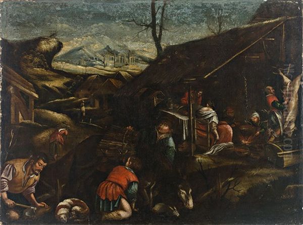 Allegorie Des Winters. Figurenreiche Landliche Szenerie Mit Bauern Bei Verschiedenen Tatigkeiten, U.a. Beim Schlachten, Holz Sammeln Und Aufbereiten. Weiter Blick Auf Gebirgigen Horizont - view 1