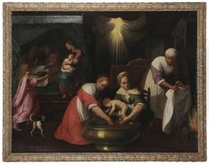The First Bath Of The Infant Christ by Jacopo Bassano (Jacopo da Ponte)