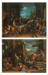 Supper At Emmaus; Christ In The House Of Mary And Martha (pair) by Jacopo Bassano (Jacopo da Ponte)