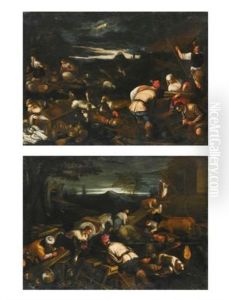 Noah Leading The Animals Onto The Ark; Noah's Sacrifice After The Flood (pair) by Jacopo Bassano (Jacopo da Ponte)