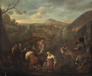 An Allegory Of Spring: A Hunter And His Dogs And Goatherds With Their Herd In A Pastoral Landscape by Jacopo Bassano (Jacopo da Ponte)