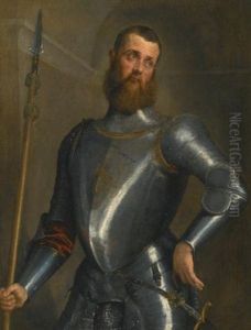 Portrait Of A Gentleman, Half Length, In Full Armor, Holding A Partesan, A Broad Sword At His Hip by Jacopo Bassano (Jacopo da Ponte)
