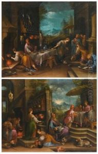 The Dinner At Emmaus; Christ In The House Of Mary And Martha (pair) by Jacopo Bassano (Jacopo da Ponte)
