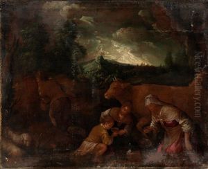 Peasants And Their Cattle In An Extensive Landscape by Jacopo Bassano (Jacopo da Ponte)