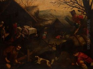 Peasants Working In A Village In A Hilly Landscape - An Allegory Of Winter by Jacopo Bassano (Jacopo da Ponte)