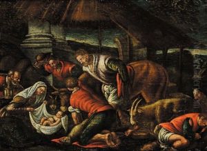 Nativita E Paesaggio Con Figure Ed Armenti (pair) by Jacopo Bassano (Jacopo da Ponte)