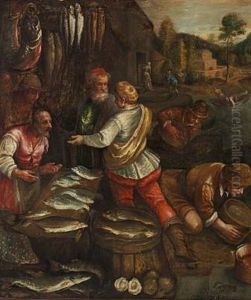 People Buying Fish. In The Background Mountains And Architecture by Jacopo Bassano (Jacopo da Ponte)