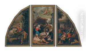 Die Anbetung Der Hirten (+ 2 Others; Triptych) by Jacopo Bassano (Jacopo da Ponte)