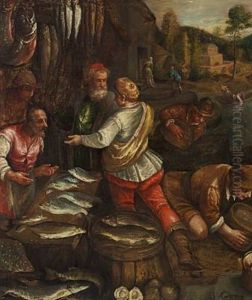 A Renaissance Scenery With People Buying Fish, In The Background Mountains And Architecture by Jacopo Bassano (Jacopo da Ponte)