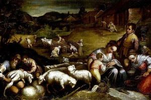 Bauernfamilie Mit Schafen, Im Hintergrund Ernteszene Und Dorf by Jacopo Bassano (Jacopo da Ponte)