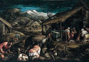 A Mountainous Landscape With Peasants Gathering Firewood, Others Gathered With A Newborn Around A Fire (winter)