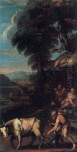A Peasant With A Ploughing Ox And A Family Sitting By A Fire by Jacopo Bassano (Jacopo da Ponte)