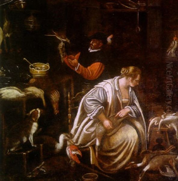 An Interior Scene With A Male Figure Holding A Falcon And An Apple And A Lady Plucking A Duck With Numerous Other Fowl And A Cat On A Chair In The Foreground - view 1