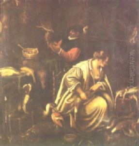 An Interior Scene With A Male Figure Holding A Falcon And A Lady Plucking Duck by Jacopo Bassano (Jacopo da Ponte)