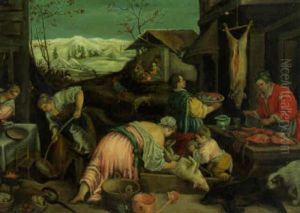 Peasants Preparing A Meal In A Village, Snow Covered Mountains Beyond