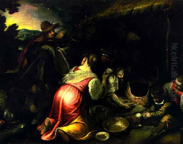 A Peasant Family Preparing A Meal By An Open Barn - view 1